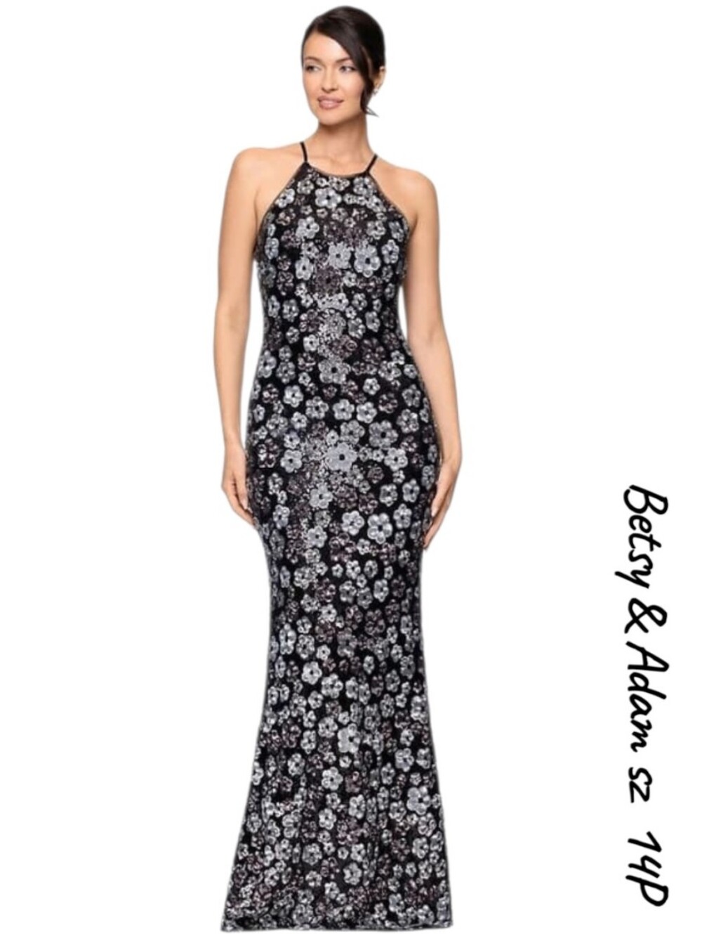 Betsy & Adam Sequin Floral Halter Evening Gown Dress Black Silver Petite 14P